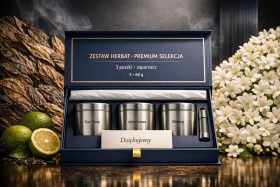 Zestaw trzech puszek herbaty z zaparzaczem w eleganckim pudełku