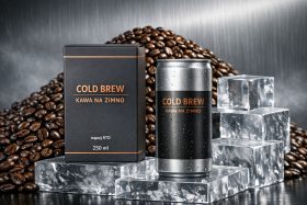 Puszka i opakowanie Cold Brew z kawą na zimno na tle ziaren kawy i kostek lodu