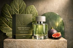 Perfumowana woda figowa w szklanej butelce z zielonym kartonem i świeżą figą