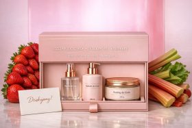 Zestaw do ciała truskawka i rabarbar z mgiełką, balsamem i peelingiem w różowym opakowaniu