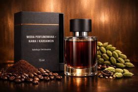 Perfumowana woda z kawą i kardamonem w szklanej butelce z czarną nakrętką