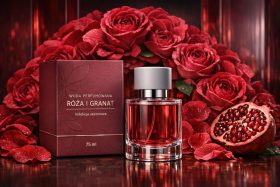 Perfumy Róża i Granat z bordowym pudełkiem i czerwonymi różami w tle