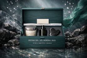 Zestaw spa z solą morską, olejkiem i akcesorium w zielonym pudełku