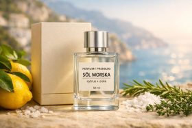 Perfumy Sól Morska z cytrusami i ziołami w szklanej butelce z pudełkiem