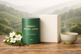 Zielona puszka herbaty jaśminowej z białymi kwiatami i parującą filiżanką herbaty