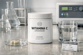 Biały pojemnik z suplementem witaminy C i dwie kapsułki na szklanej podstawce