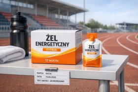 Opakowanie i saszetka żelu energetycznego o smaku cytrusowym na stole przy bieżni