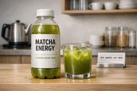 Butelka zielonego napoju Matcha Energy z etykietą i szklanka z lodem na blacie kuchennym