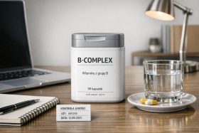 Biały pojemnik suplementu B-Complex na biurku z kapsułkami i szklanką wody będący przykładem na wizualizacje produktowe