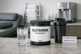 Pojemnik glutaminy 400 g z napojem w szklance i czarnym shakerem na blacie kuchennym