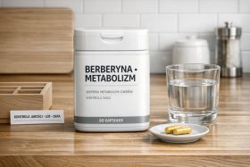 Biały pojemnik suplementu Berberyna Metabolizm z dwoma kapsułkami i szklanką wody na drewnianym blacie