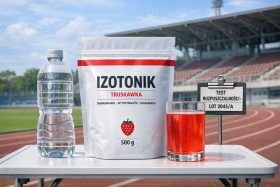 Opakowanie izotoniku truskawkowego 500 g z butelką wody i szklanką napoju na stadionie