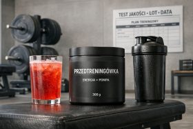 Czarny pojemnik przedtreningówki, czerwony napój i czarny shaker na ławce w siłowni