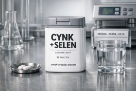 Biały pojemnik suplementu cynk i selen z dwiema tabletkami i szklanką wody będący przykładem na wizualizacje produktowe