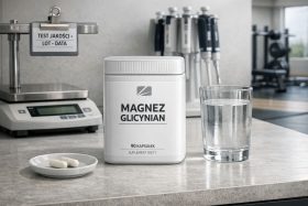 Biały pojemnik z magnezem glicynianem i kapsułki na talerzyku obok szklanki wody