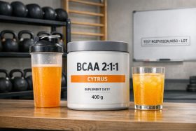 Biały pojemnik suplementu BCAA 2:1:1 o smaku cytrusowym z napojem w szklance i shakerze
