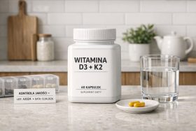 Biały pojemnik z suplementem witamina D3 i K2 na blacie kuchennym będący przykładem na wizualizacje produktowe