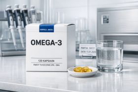 Opakowanie suplementu Omega-3 z kapsułkami i szklanką wody na blacie laboratoryjnym