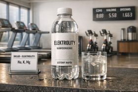 Butelka napoju elektrolitowego i szklanka z lodem na blacie w siłowni
