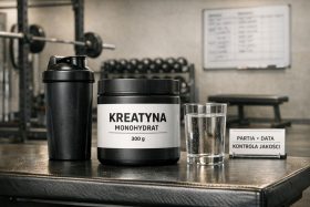 Pojemnik kreatyny monohydrat 300 g, czarny shaker i szklanka wody na stole w siłowni