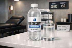 Butelka napoju elektrolitycznego z wodą i szklanka na blacie w pomieszczeniu