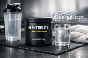 Czarny pojemnik z elektrolitami cytrusowymi obok szklanki wody i shakera będący przykładem na wizualizacje produktowe