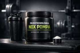 Czarny pojemnik suplementu przedtreningowego NOX POMPA z miarką proszku i shakerem