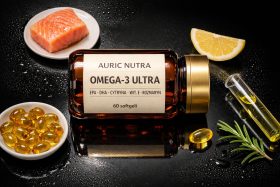 Butelka suplementu Omega-3 Ultra z kapsułkami, kawałek łososia, cytryna i rozmaryn