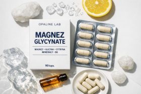 Opakowanie suplementu magnez glicynate z kapsułkami i plasterkiem cytryny będące przykładem na wizualizacje produktowe