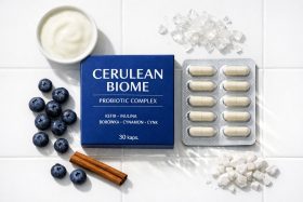 Suplement diety Cerulean Biome z kapsułkami i naturalnymi składnikami na białym tle