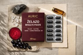 Suplement diety Auric Żelazo Bisglycynate w kapsułkach z naturalnymi składnikami będący przykładem na wizualizacje produktowe