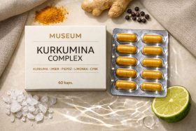 Opakowanie suplementu Kurkumina Complex z kapsułkami i składnikami naturalnymi