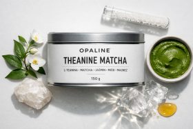 Puszka suplementu Theanine Matcha z zielonym proszkiem i naturalnymi składnikami