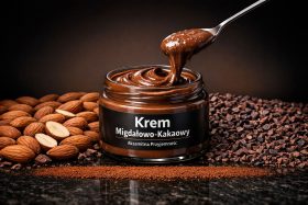 Słoik kremu migdałowo-kakaowego z łyżką nabierającą krem