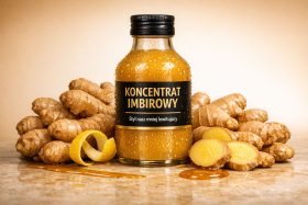 Butelka koncentratu imbirowego z krojonym imbirem i skórką cytryny będąca przykładem na wizualizacje produktowe