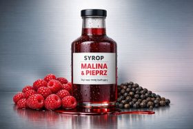 Butelka syropu malinowo-pieprzowego z kroplami wody na metalowym tle