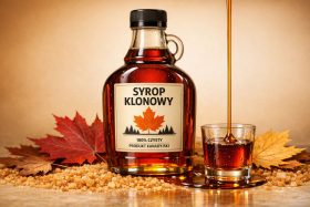 Butelka syropu klonowego z nalewanym syropem i liśćmi klonu w tle