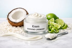 Słoik kremu kokosowo-limonkowego z kokosem i limonką na marmurowym blacie