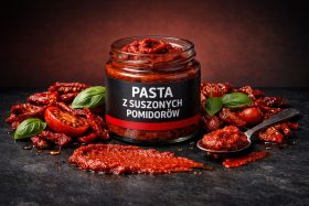 Słoik pasty z suszonych pomidorów z liśćmi bazylii i łyżką pasty na ciemnym tle