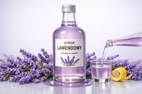 Butelka fioletowego syropu lawendowego z nalewaniem do szklanki i kwiatami lawendy