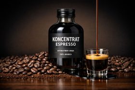 Butelka koncentratu espresso z kawą i nalewanym espresso w szklance będąca przykładem na wizualizacje produktowe