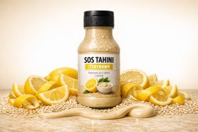 Butelka cytrynowego sosu tahini z krojonymi cytrynami i ziarnami sezamu