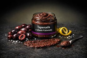 Słoik tapenady z oliwek Kalamata z rozsmarowaną pastą i oliwkami na ciemnym tle