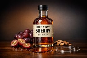 Butelka octu winnego sherry z kroplami wody i winogrona na stole