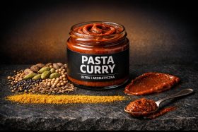 Słoik ostrej i aromatycznej pasty curry z przyprawami na kamiennej powierzchni