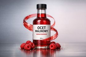 Butelka malinowego octu z czarną zakrętką i świeżymi malinami