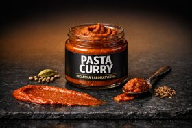 Słoik czerwonej pasty curry z łyżką i przyprawami na kamiennej powierzchni