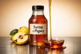 Butelka syropu z pigwy z kroplami i świeże owoce pigwy obok