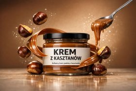 Słoik kremu z kasztanów z rozpryskującymi się kasztanami i łyżką z kremem