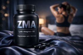 Czarna butelka suplementu ZMA z kapsułkami na jedwabistej tkaninie